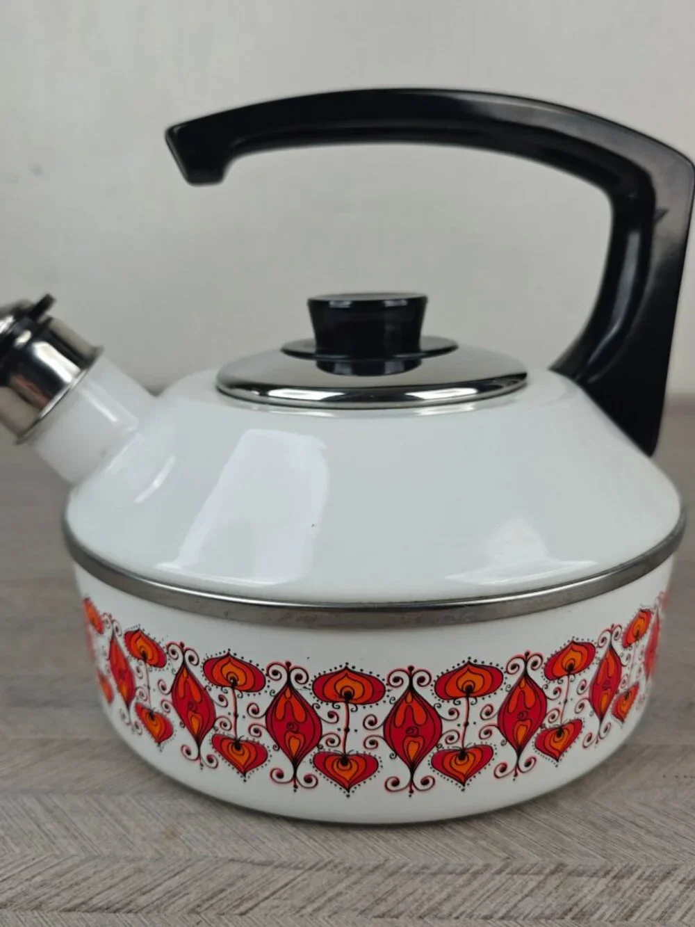 Vintage Austria Email Enamel Tea Kettle Mid-Century Modern White Red Black